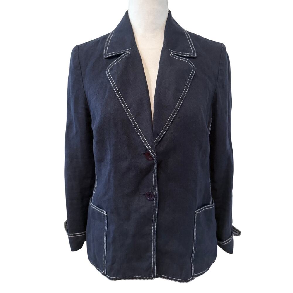 Talbots Irish Linen Blazer Navy Blue White Contrast Stitch 8